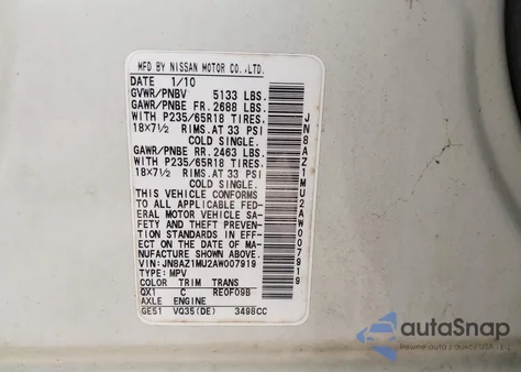 2010 Nissan Murano Sl z USA, uszkodzony, nr VIN JN8AZ1MU2AW007919